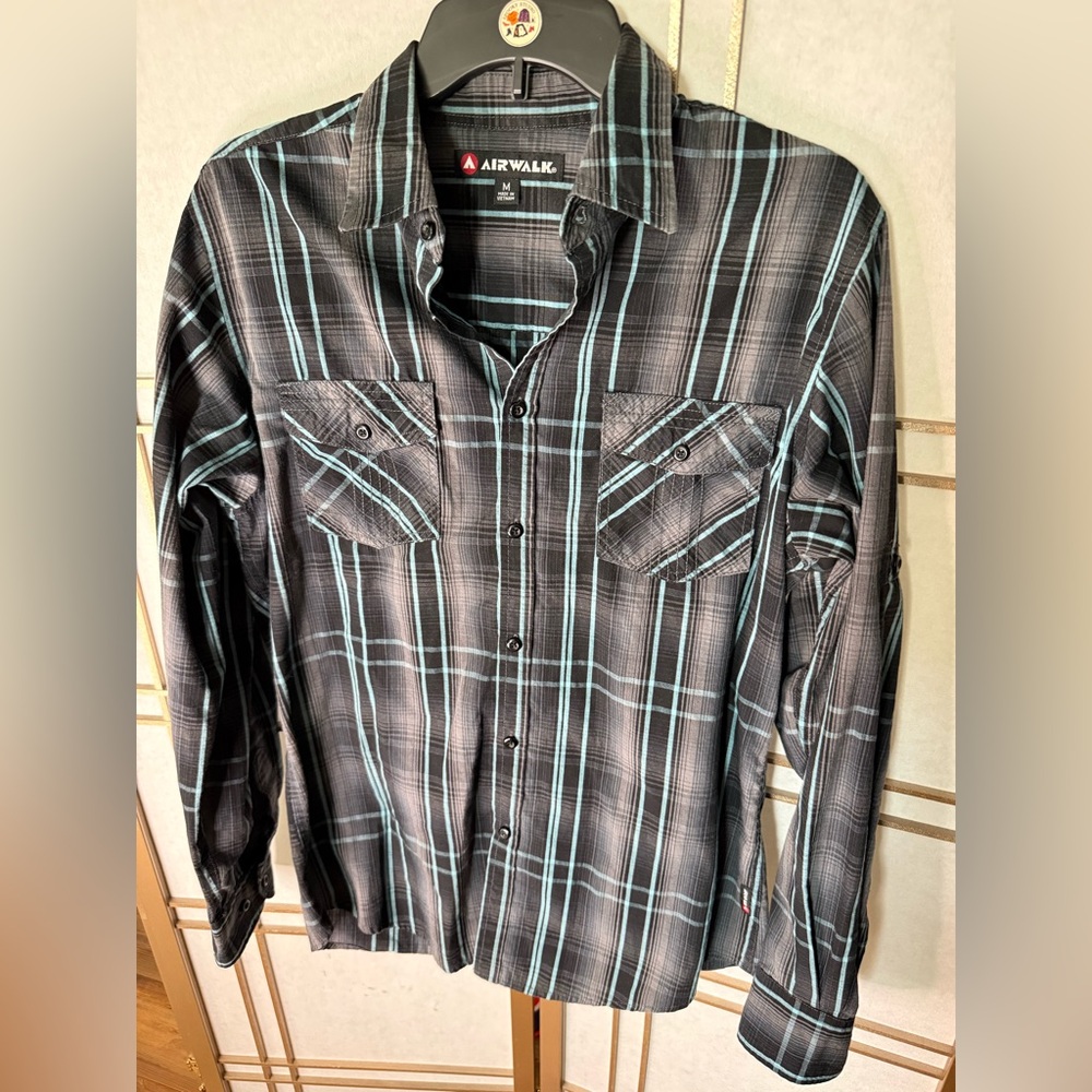AIRWALK Black & Blue Plaid Casual Button Down Shirt Men’s M - 90s skater grunge